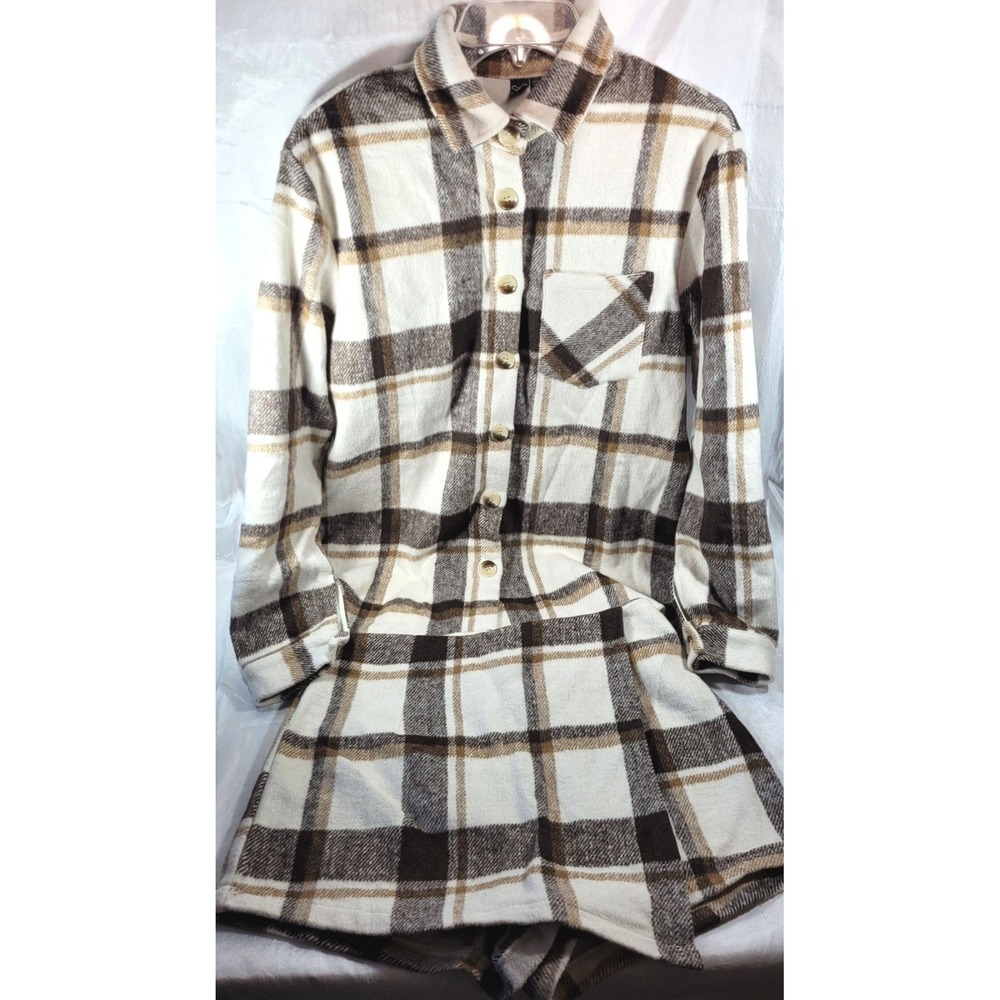 Windsor Women's Flannel Plaid Shacket (XS) & Faux Wrap Skort (S) Set Ivory/Brown